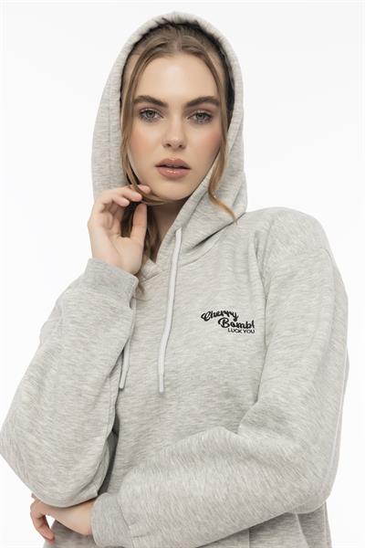 Kadın Kapüşonlu Cherry Nakışlı Oversize Sweatshirt Gri Melanj