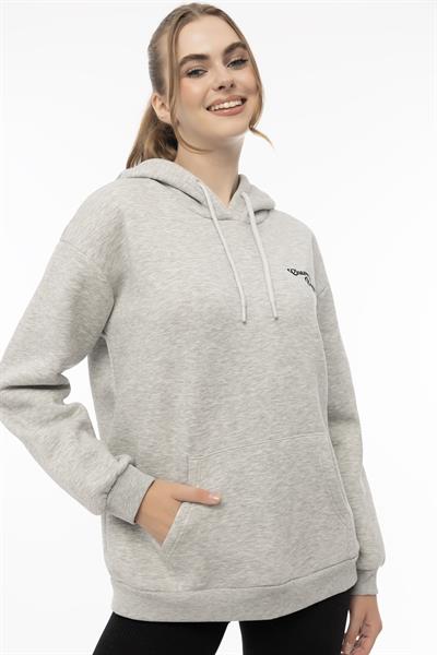 Kadın Kapüşonlu Cherry Nakışlı Oversize Sweatshirt Gri Melanj