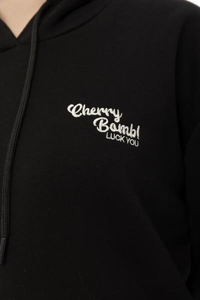 Kadın Kapüşonlu Cherry Nakışlı Oversize Sweatshirt Siyah