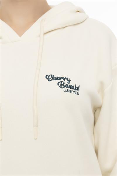 Kadın Kapüşonlu Cherry Nakışlı Oversize Sweatshirt Ekru