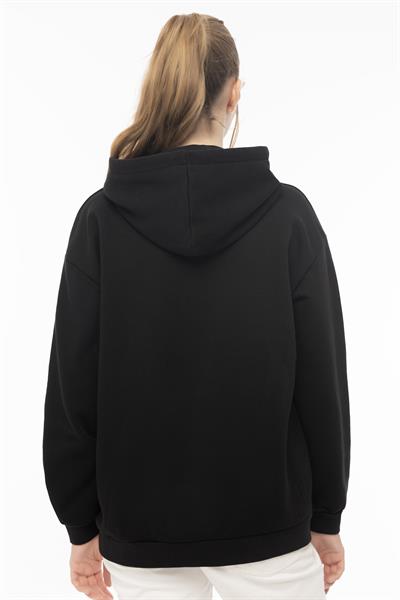 Kadın Kapüşonlu Cherry Nakışlı Oversize Sweatshirt Siyah
