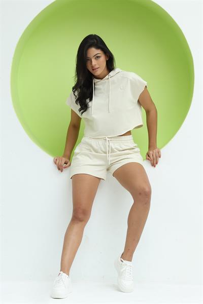 Kadın Kapüşonlu Crop  Ekru