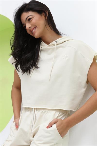 Kadın Kapüşonlu Crop  Ekru