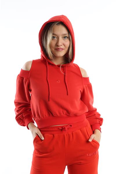 Kadın Kapüşonlu Omuz Dekolteli Sweatshirt Kırmızı