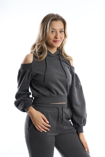 Kadın Kapüşonlu Omuz Dekolteli Sweatshirt Antrasit