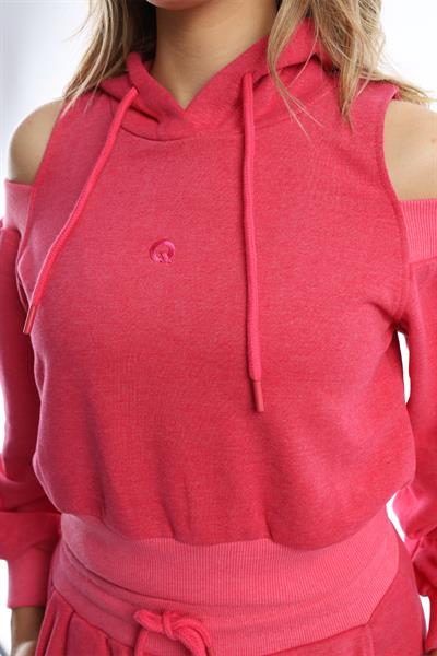 Kadın Kapüşonlu Omuz Dekolteli Sweatshirt Pembe