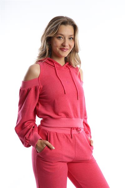 Kadın Kapüşonlu Omuz Dekolteli Sweatshirt Pembe