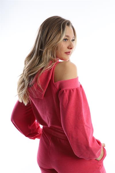 Kadın Kapüşonlu Omuz Dekolteli Sweatshirt Pembe
