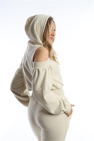 Kadın Kapüşonlu Omuz Dekolteli Sweatshirt Ekru