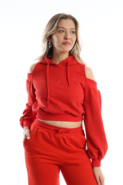 Kadın Kapüşonlu Omuz Dekolteli Sweatshirt Kırmızı