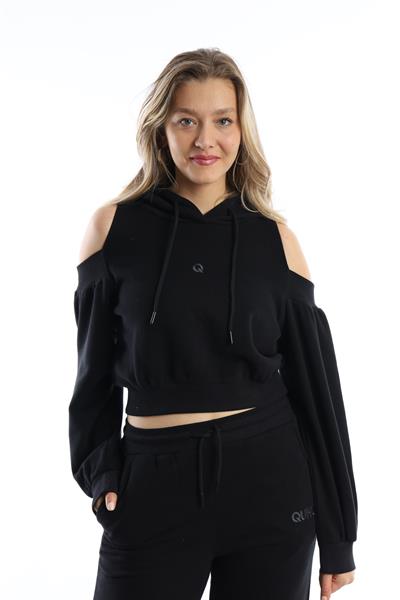 Kadın Kapüşonlu Omuz Dekolteli Sweatshirt Siyah