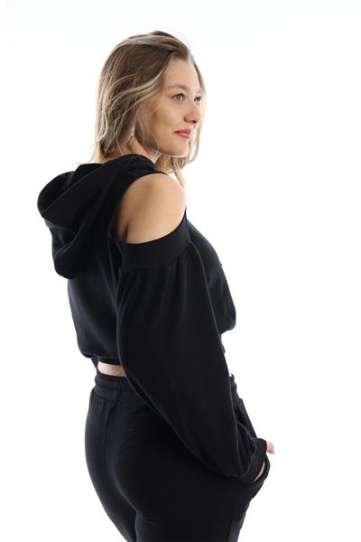 Kadın Kapüşonlu Omuz Dekolteli Sweatshirt Siyah