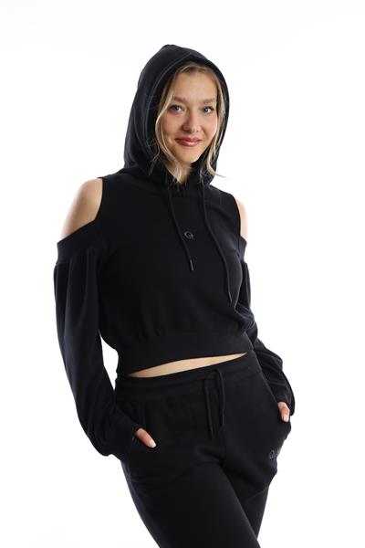 Kadın Kapüşonlu Omuz Dekolteli Sweatshirt Siyah