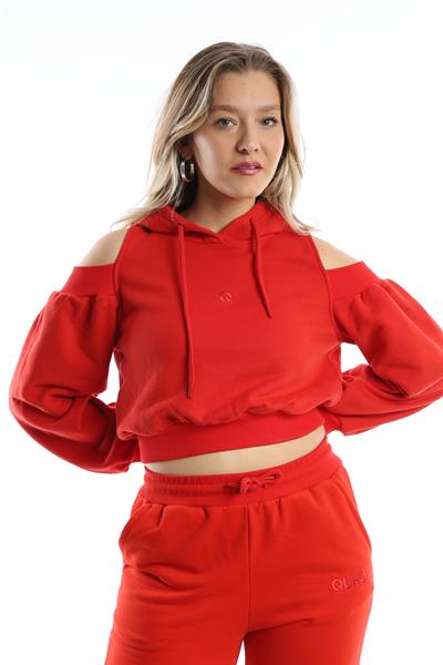 Kadın Kapüşonlu Omuz Dekolteli Sweatshirt Kırmızı