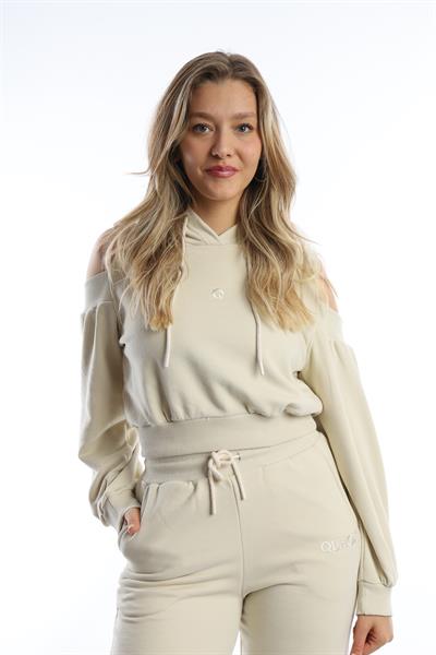 Kadın Kapüşonlu Omuz Dekolteli Sweatshirt Ekru