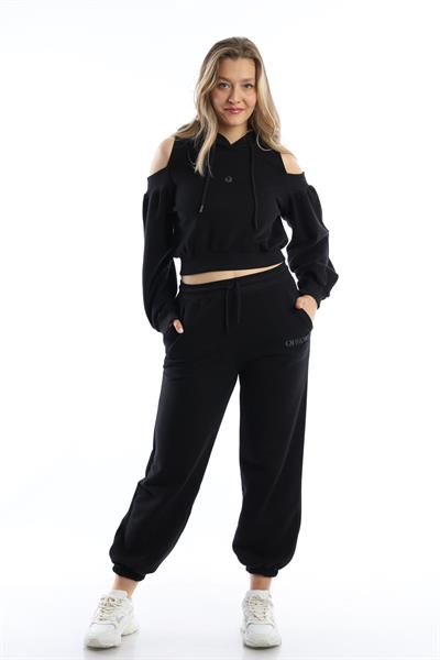 Kadın Kapüşonlu Omuz Dekolteli Sweatshirt Siyah