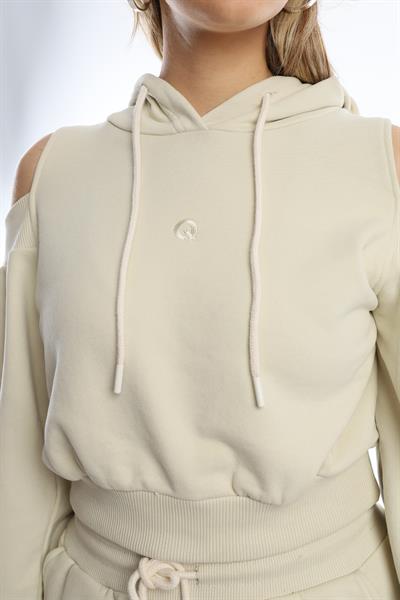 Kadın Kapüşonlu Omuz Dekolteli Sweatshirt Ekru