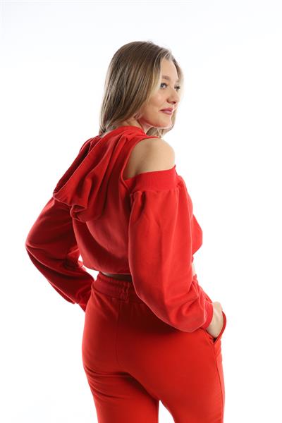 Kadın Kapüşonlu Omuz Dekolteli Sweatshirt Kırmızı