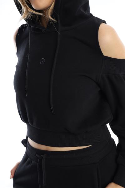 Kadın Kapüşonlu Omuz Dekolteli Sweatshirt Siyah