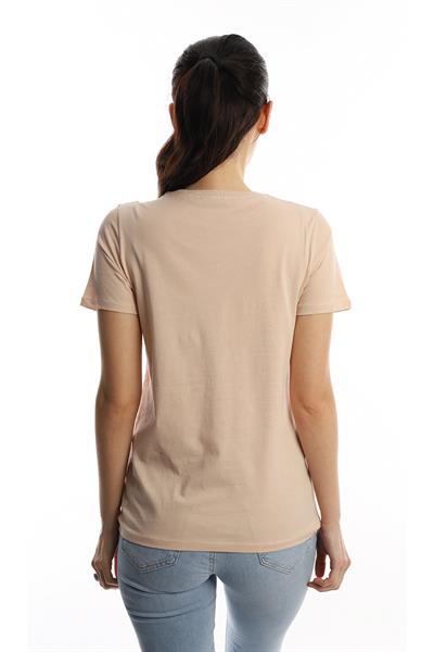 Kadın Kelebek Baskılı Bisiklet Yaka Regular Fit Tişört Bej