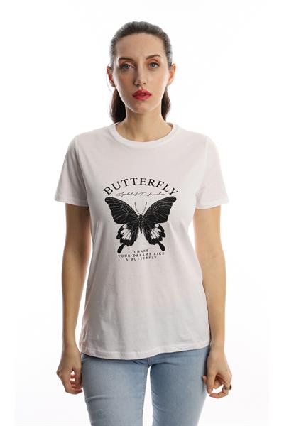 Kadın Kelebek Baskılı Bisiklet Yaka Regular Fit Tişört Beyaz