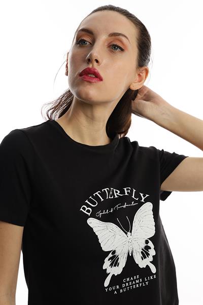 Kelebek Baskılı Bisiklet Yaka Kadın Regular Fit Tişört Siyah
