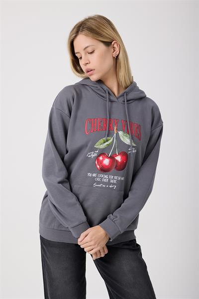 Kadın Kiraz Baskılı 3 İplik Şardonsuz Sweatshirt Füme