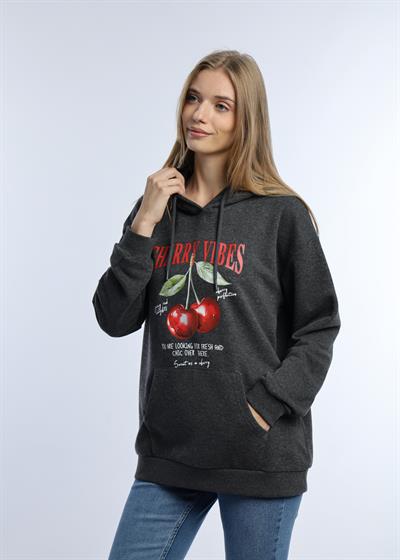 Kadın Kiraz Baskılı 3 İplik Şardonsuz Sweatshirt Antrasit Melanj