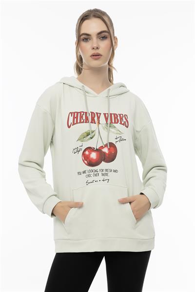 Kadın Kiraz Baskılı 3 İplik Şardonsuz Sweatshirt Mint