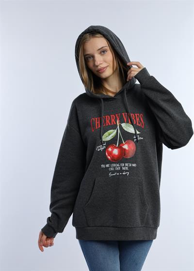 Kadın Kiraz Baskılı 3 İplik Şardonsuz Sweatshirt Antrasit Melanj