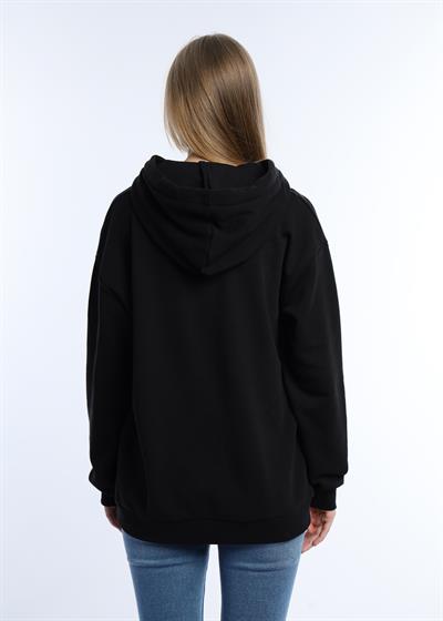 Kadın Kiraz Baskılı 3 İplik Şardonsuz Sweatshirt Siyah