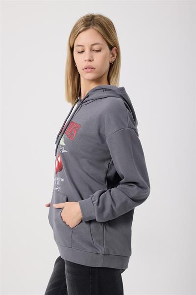 Kadın Kiraz Baskılı 3 İplik Şardonsuz Sweatshirt Füme