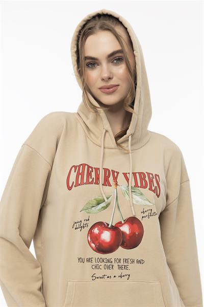 Kadın Kiraz Baskılı 3 İplik Şardonsuz Sweatshirt Bej