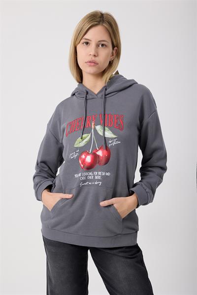 Kadın Kiraz Baskılı 3 İplik Şardonsuz Sweatshirt Füme