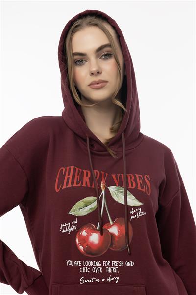 Kadın Kiraz Baskılı 3 İplik Şardonsuz Sweatshirt Bordo