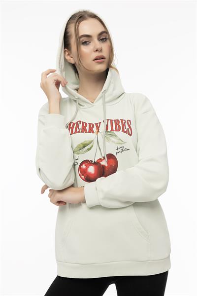 Kadın Kiraz Baskılı 3 İplik Şardonsuz Sweatshirt Mint