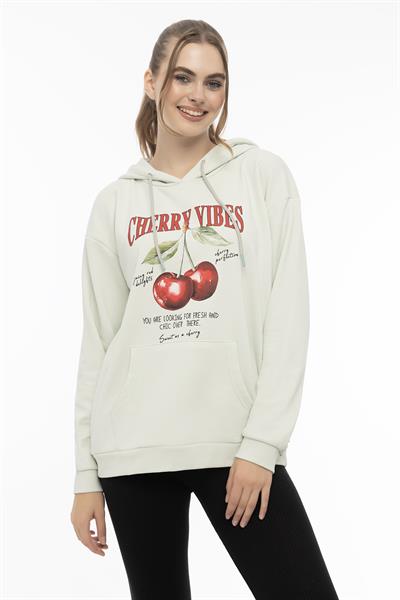 Kadın Kiraz Baskılı 3 İplik Şardonsuz Sweatshirt Mint