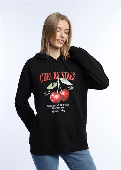 Kadın Kiraz Baskılı 3 İplik Şardonsuz Sweatshirt Siyah