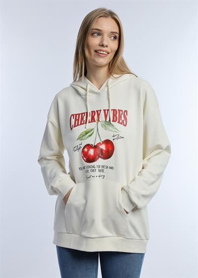 Kadın Kiraz Baskılı 3 İplik Şardonsuz Sweatshirt Ekru