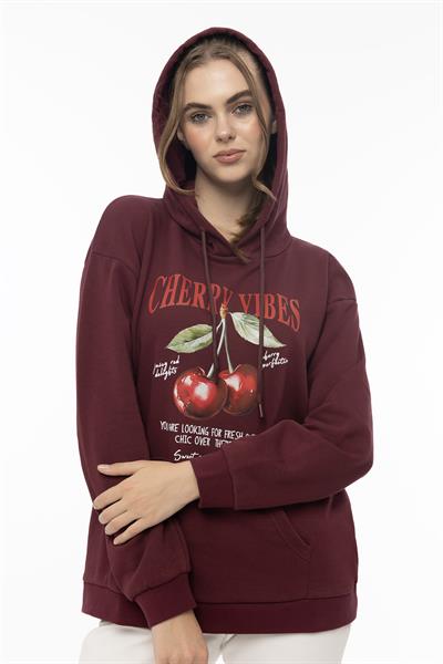 Kadın Kiraz Baskılı 3 İplik Şardonsuz Sweatshirt Bordo
