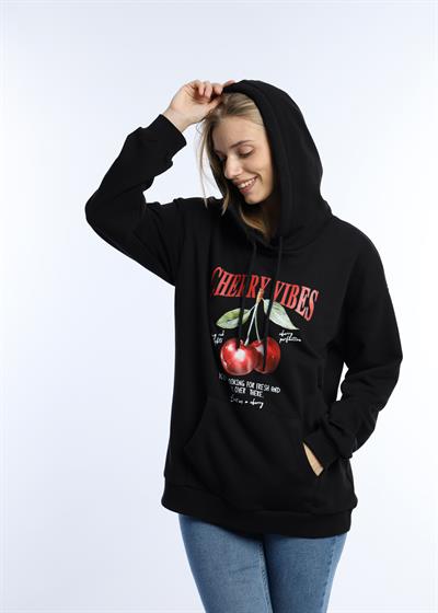 Kadın Kiraz Baskılı 3 İplik Şardonsuz Sweatshirt Siyah