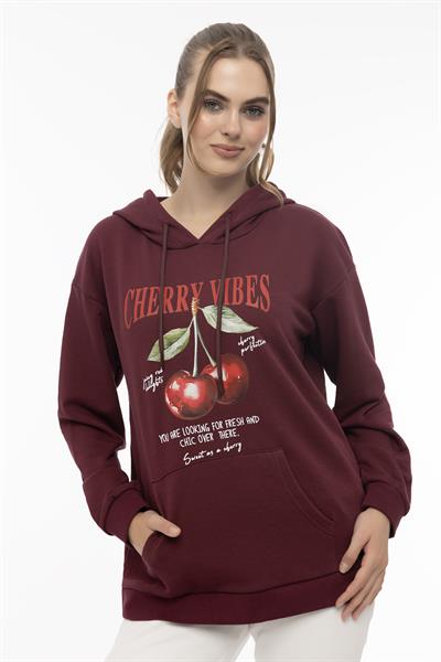 Kadın Kiraz Baskılı 3 İplik Şardonsuz Sweatshirt Bordo