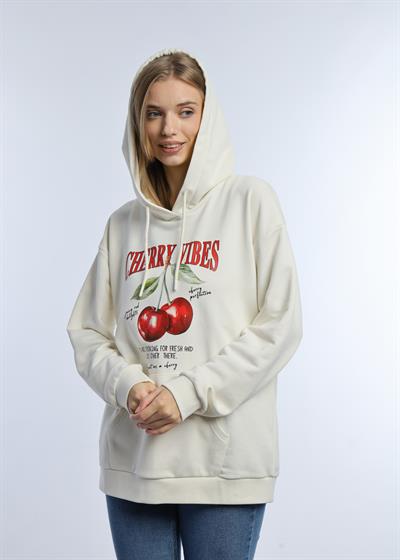Kadın Kiraz Baskılı 3 İplik Şardonsuz Sweatshirt Ekru