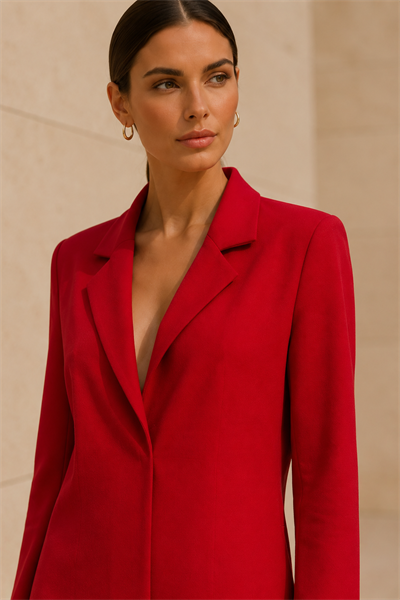Kadın Kırmızı Blazer Yaka Ceket Görünümlü Mini Elbise