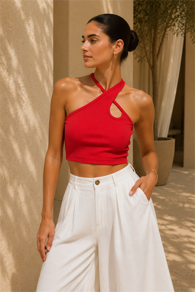 Kadın Kırmızı Çapraz Halter Yaka Damla Detaylı Fitilli Crop Top