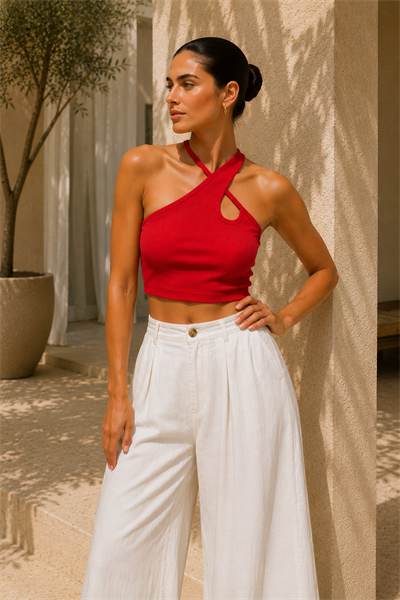 Kadın Kırmızı Çapraz Halter Yaka Damla Detaylı Fitilli Crop Top
