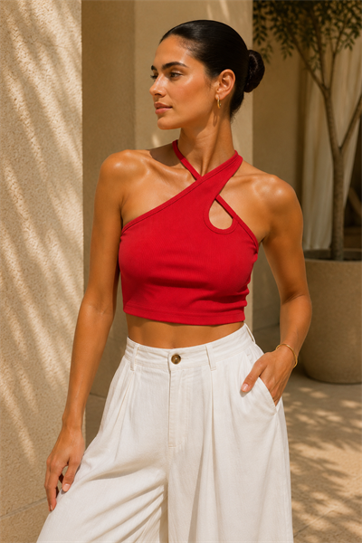 Kadın Kırmızı Çapraz Halter Yaka Damla Detaylı Fitilli Crop Top