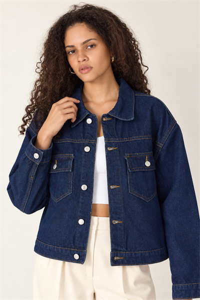 Kadın Koyu Mavi Çift Cepli Düğmeli Oversize Denim Jean Ceket Lacivert
