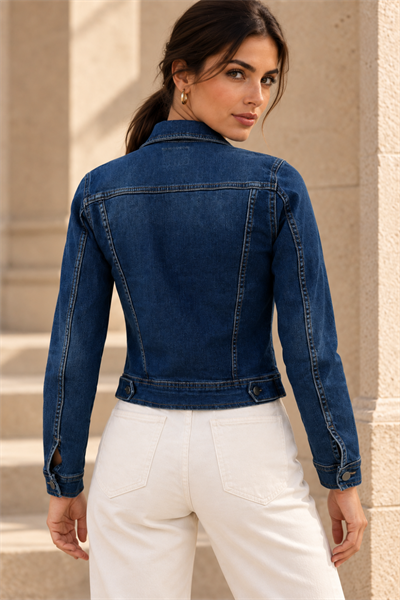 Kadın Koyu Mavi Yıkamalı Slim Fit Kısa Denim Ceket Mavi