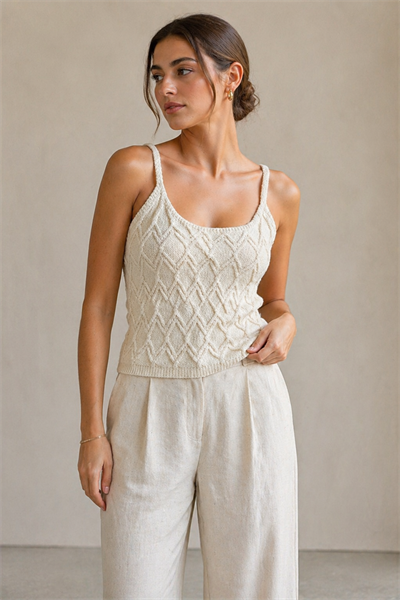 Kadın Krem Dokulu Askılı Triko Crop Bluz – Yazlık Fit